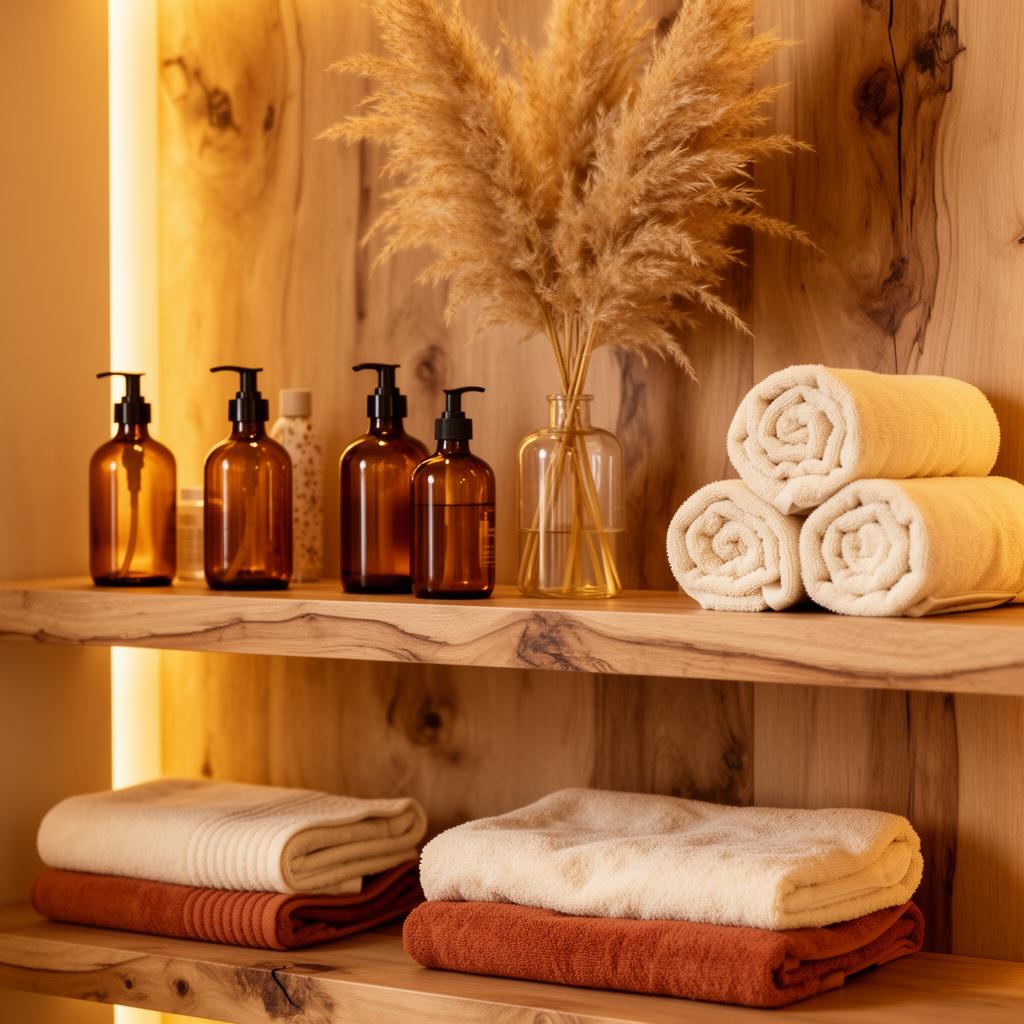 Luxury spa shelf with amber bottles, rolled towels, and dried botanicals
